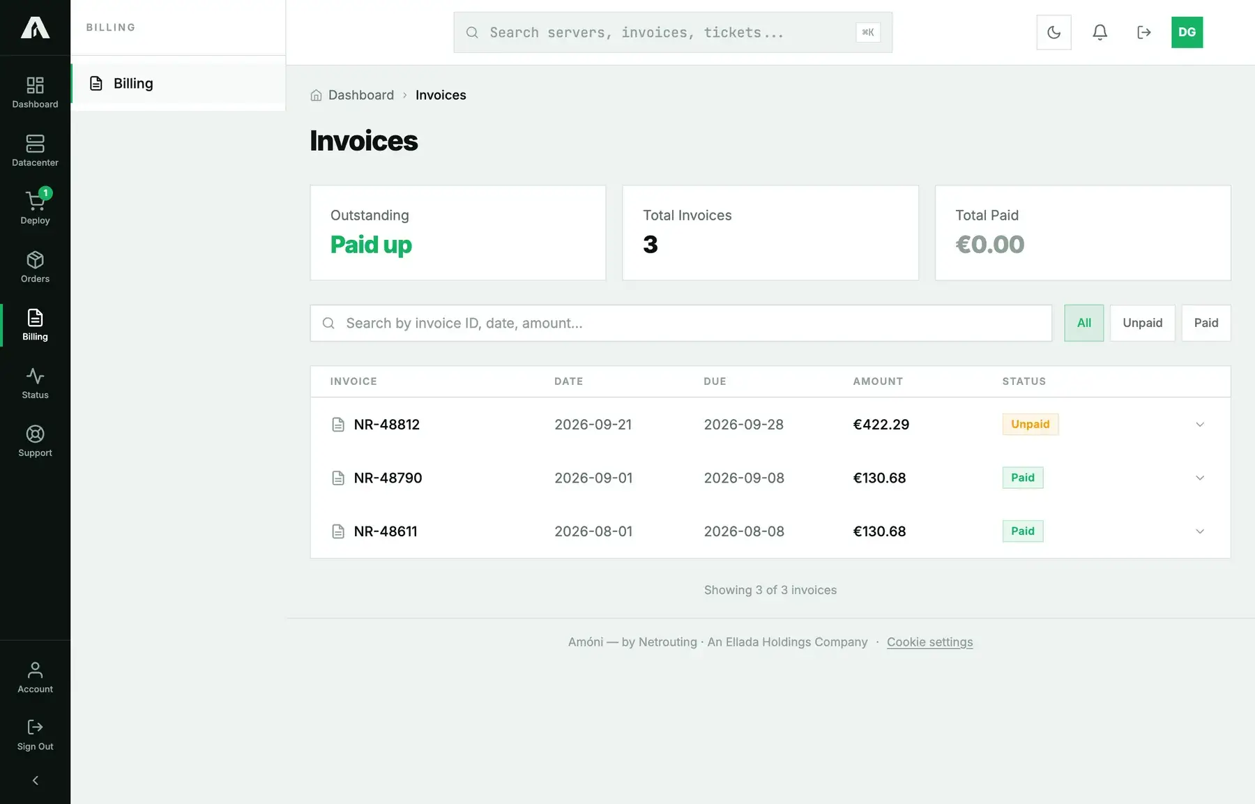 The Invoices page in Amóni: outstanding total, invoice count, and a list of invoices with date, due date, amount and status