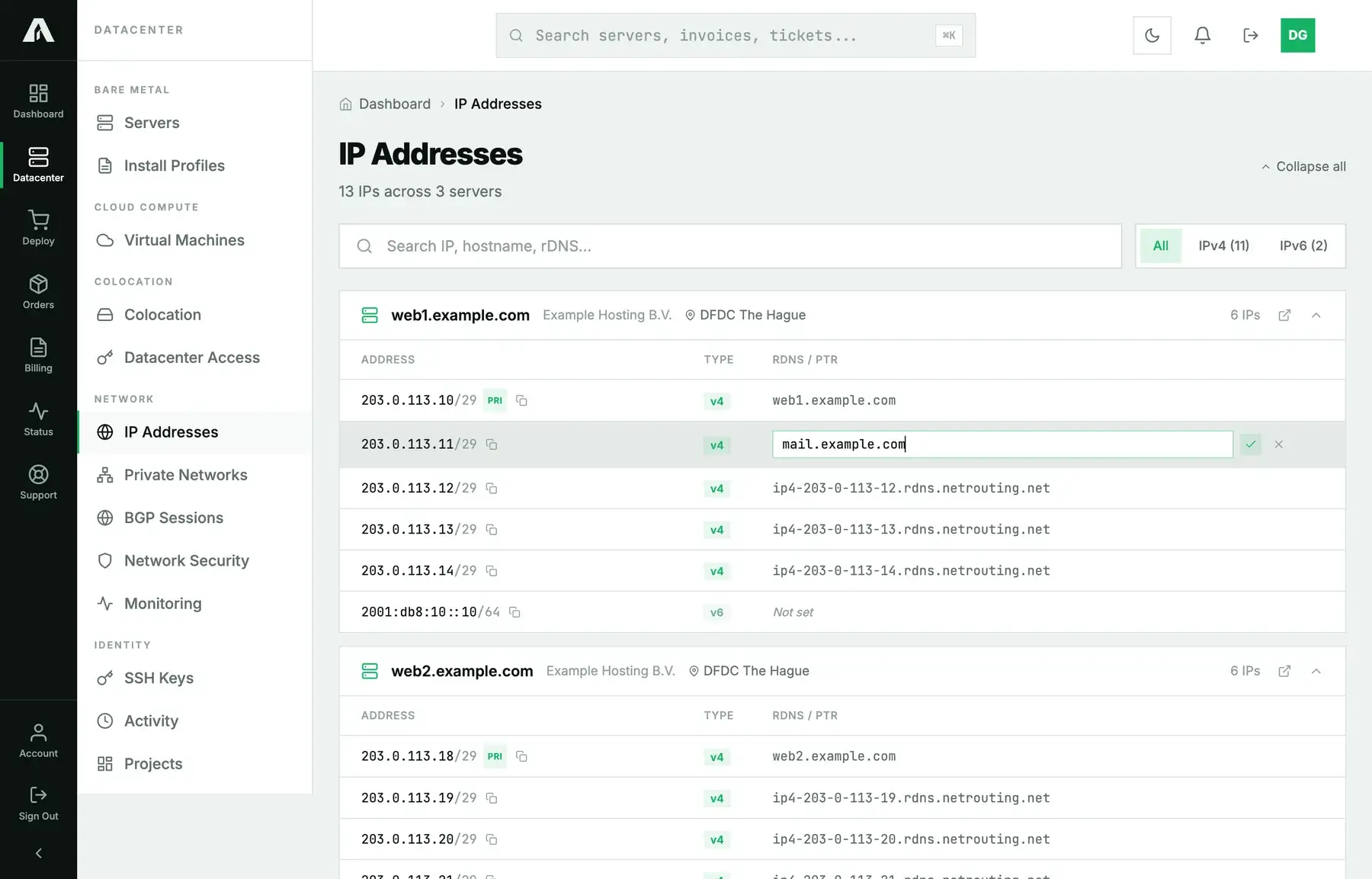 Editing a PTR record inline on the IP Addresses page: the rDNS cell has become a text field with a green save tick and a cancel cross