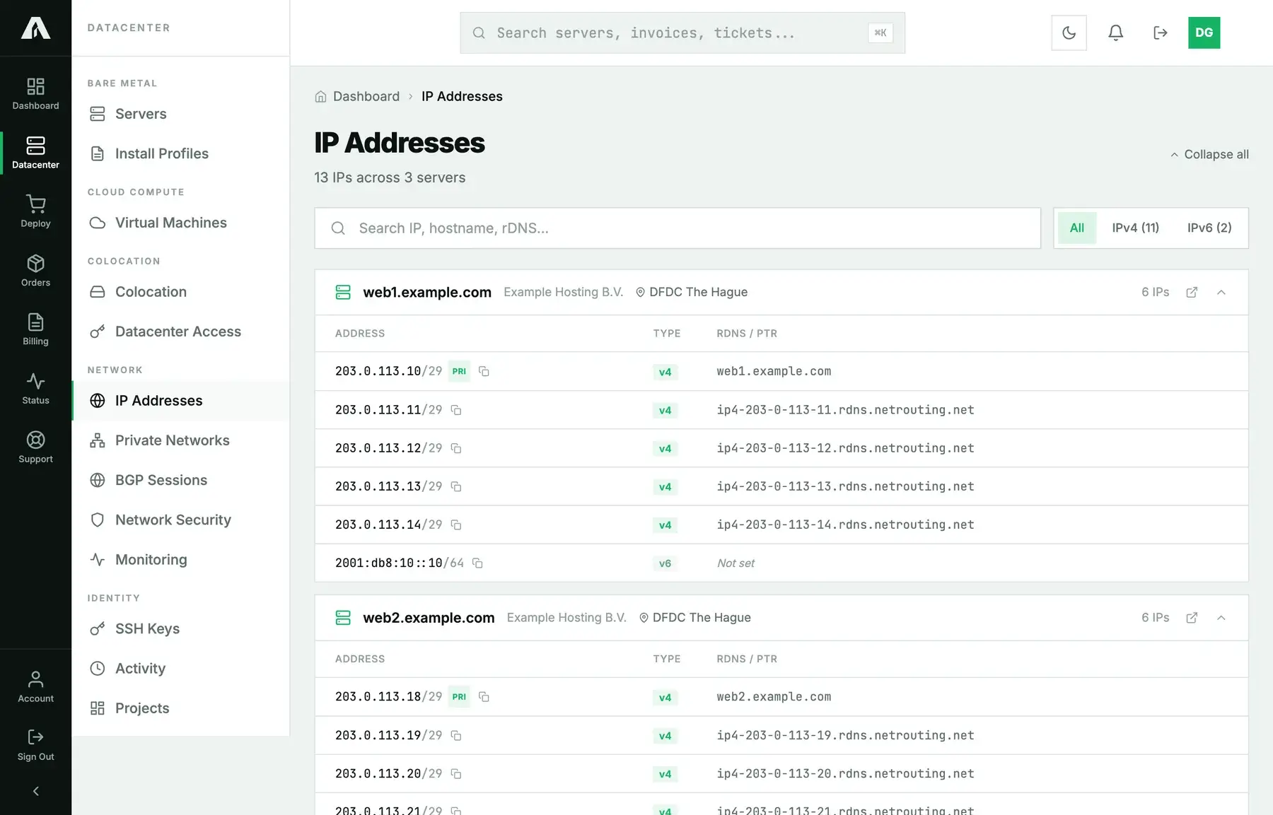 The IP Addresses page in the Amóni portal, showing addresses grouped per server with their IPv4 or IPv6 version, primary badge and current rDNS / PTR value