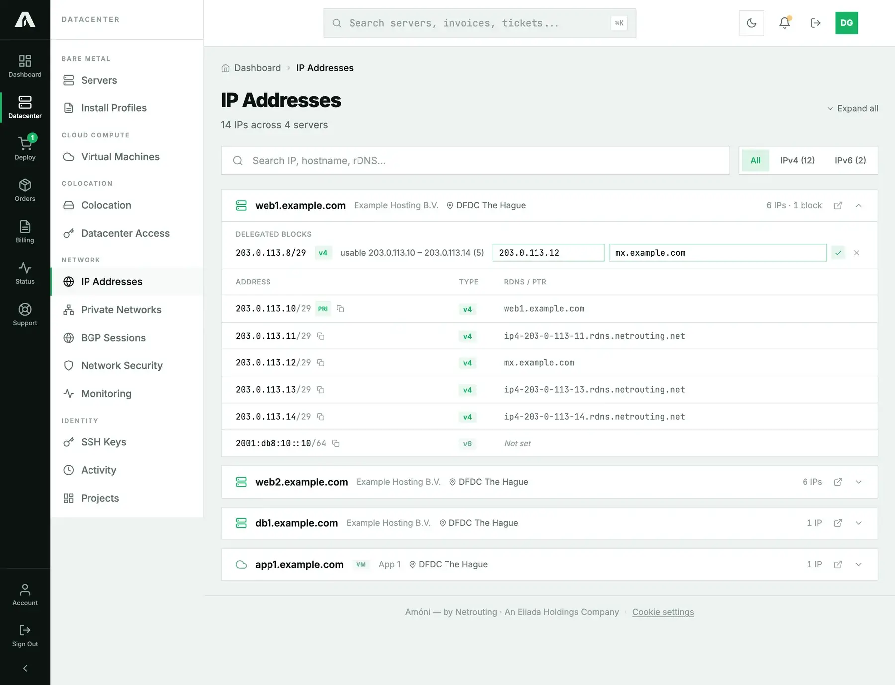 The inline Set reverse DNS on any address in this block form: an address field and a hostname field with save and cancel controls