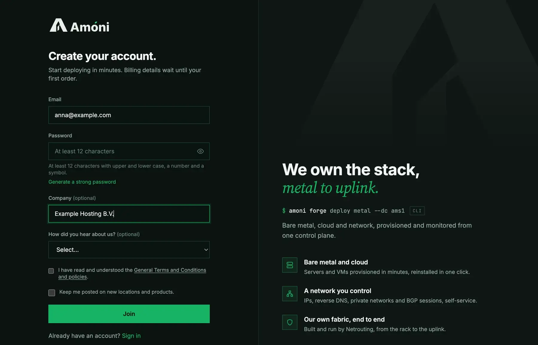 The Amóni sign-up form: email, password with the strength hint, optional company name, how you heard about us, and the terms checkbox