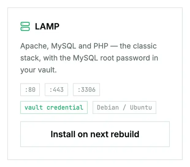 The LAMP card in the App Library on a cloud instance's Apps tab, with its Debian / Ubuntu label and the Install on next rebuild button