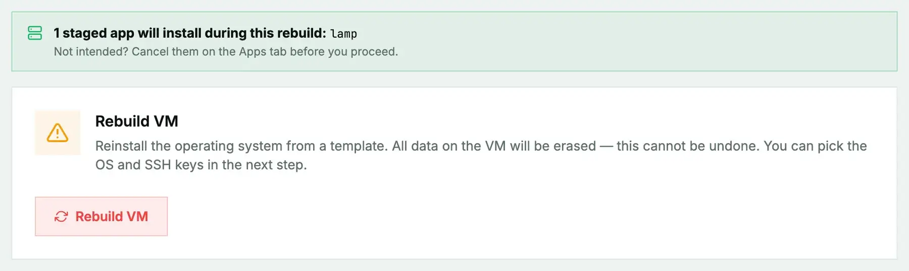 The Rebuild tab: a notice that 1 staged app will install during this rebuild (lamp), above the Rebuild VM card warning that all data on the VM will be erased