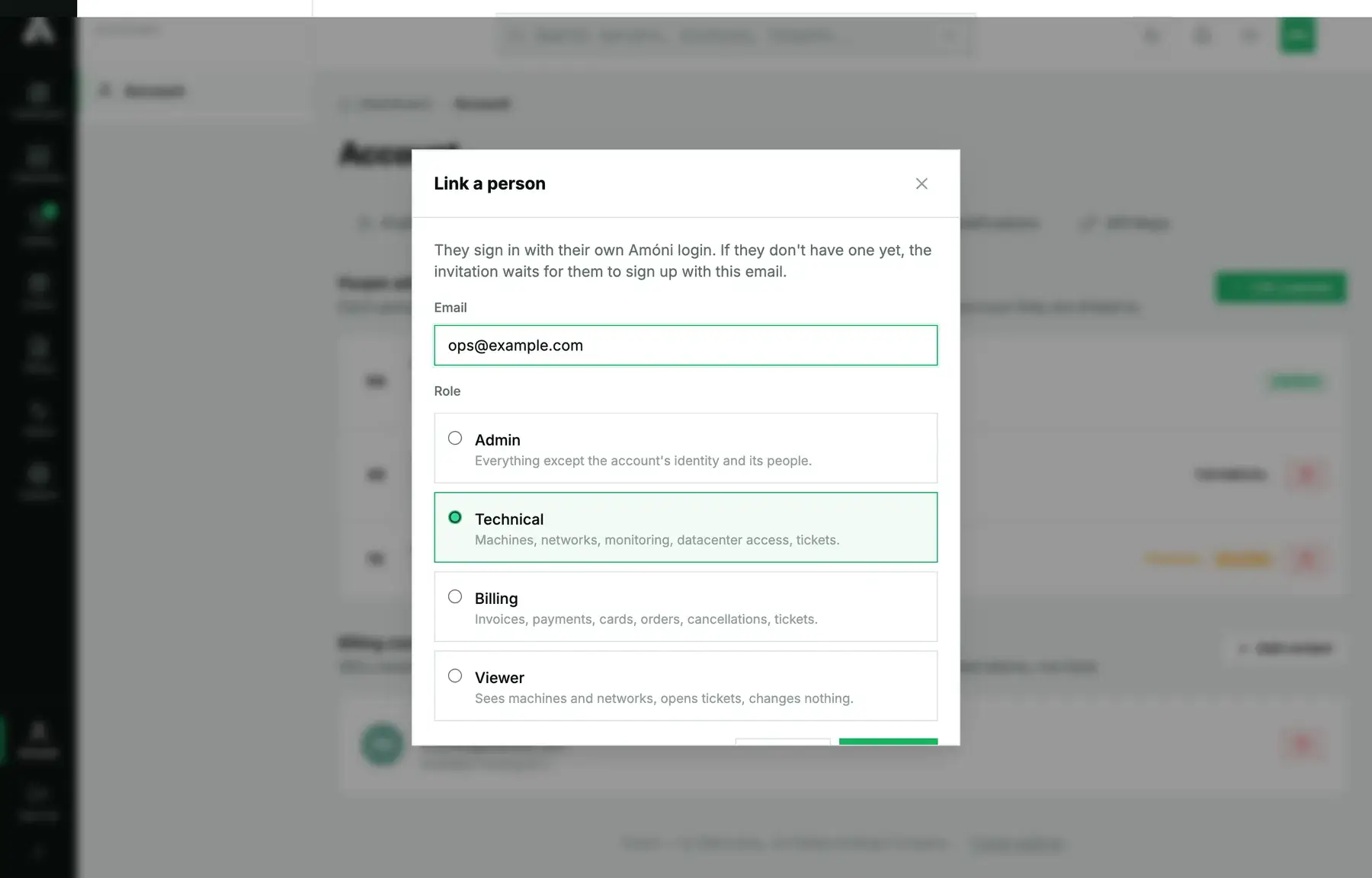 The Link a person dialog: an email field and the four grantable roles with a one-line description each