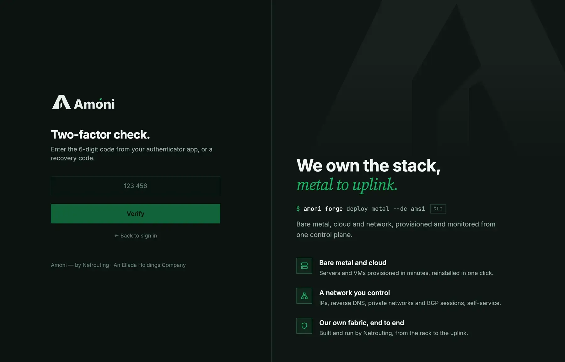 The Amóni sign-in page at the two-factor step: a field for the six-digit code or a recovery code, and a Verify button