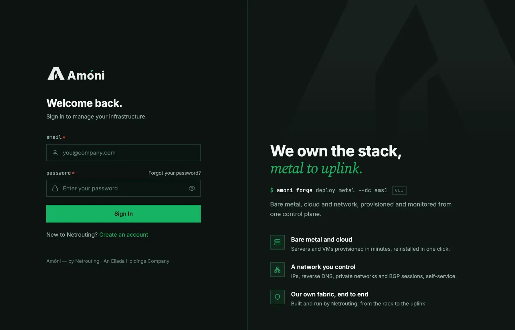 The Amóni sign-in page with email, password, a forgotten-password link and a link to create an account