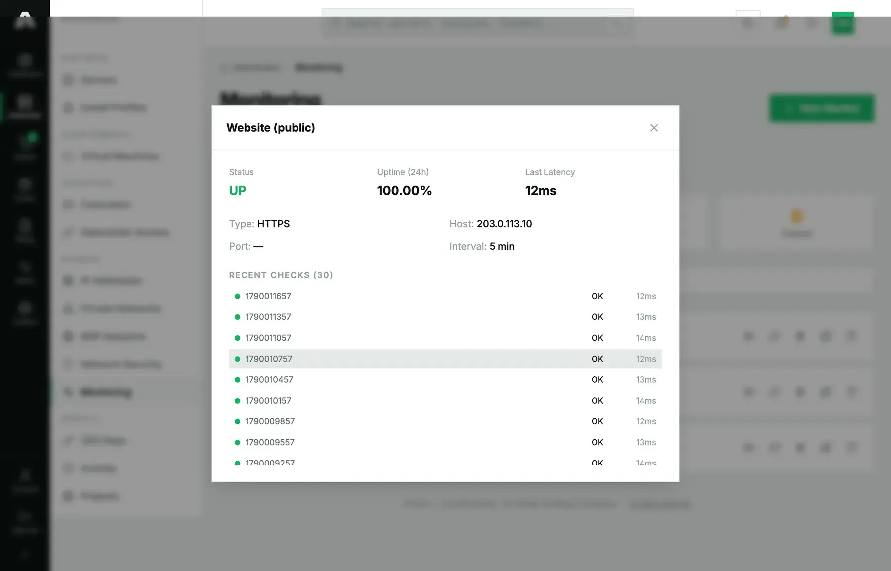 A monitor's detail view: latency over the recent checks, 24-hour uptime, and the incident history