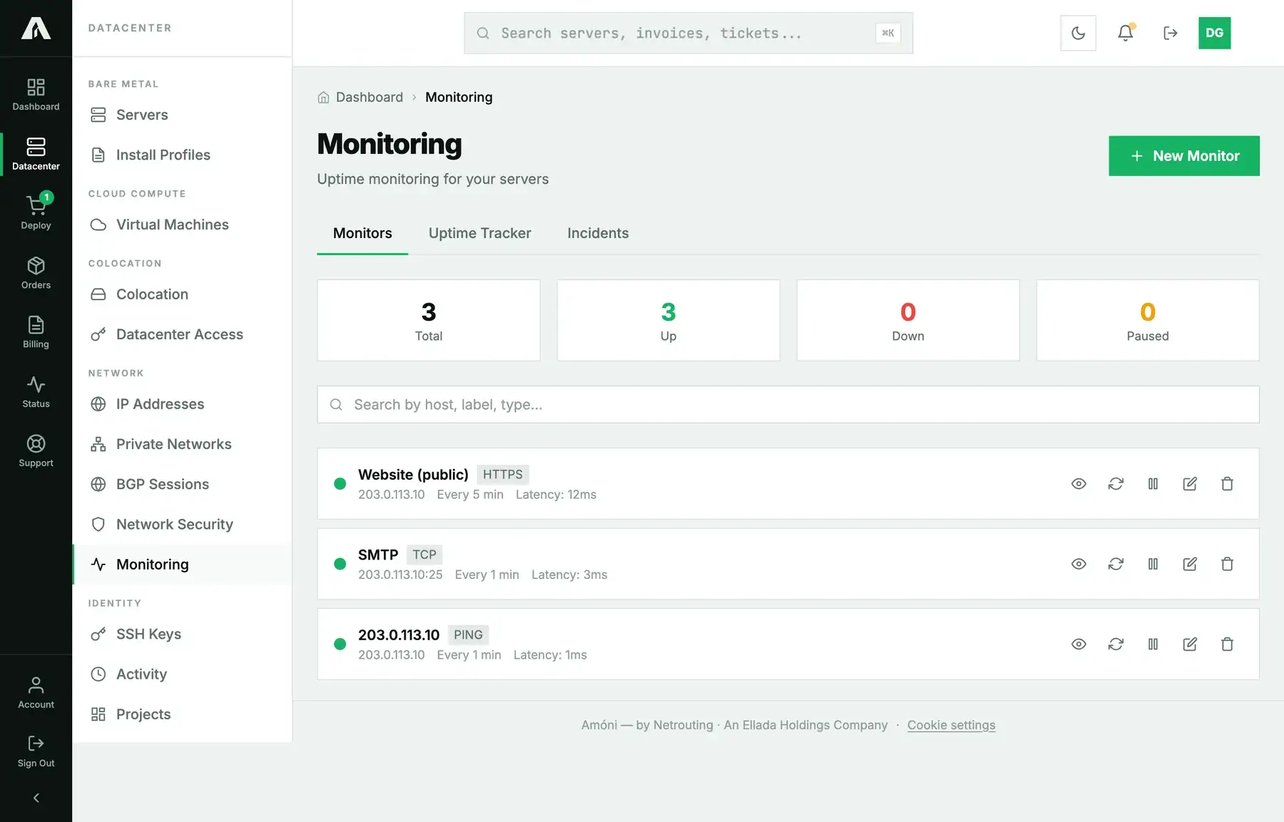 The Monitoring page listing three monitors, all up, with their type, address, interval and latest latency, and the totals for up, down and paused