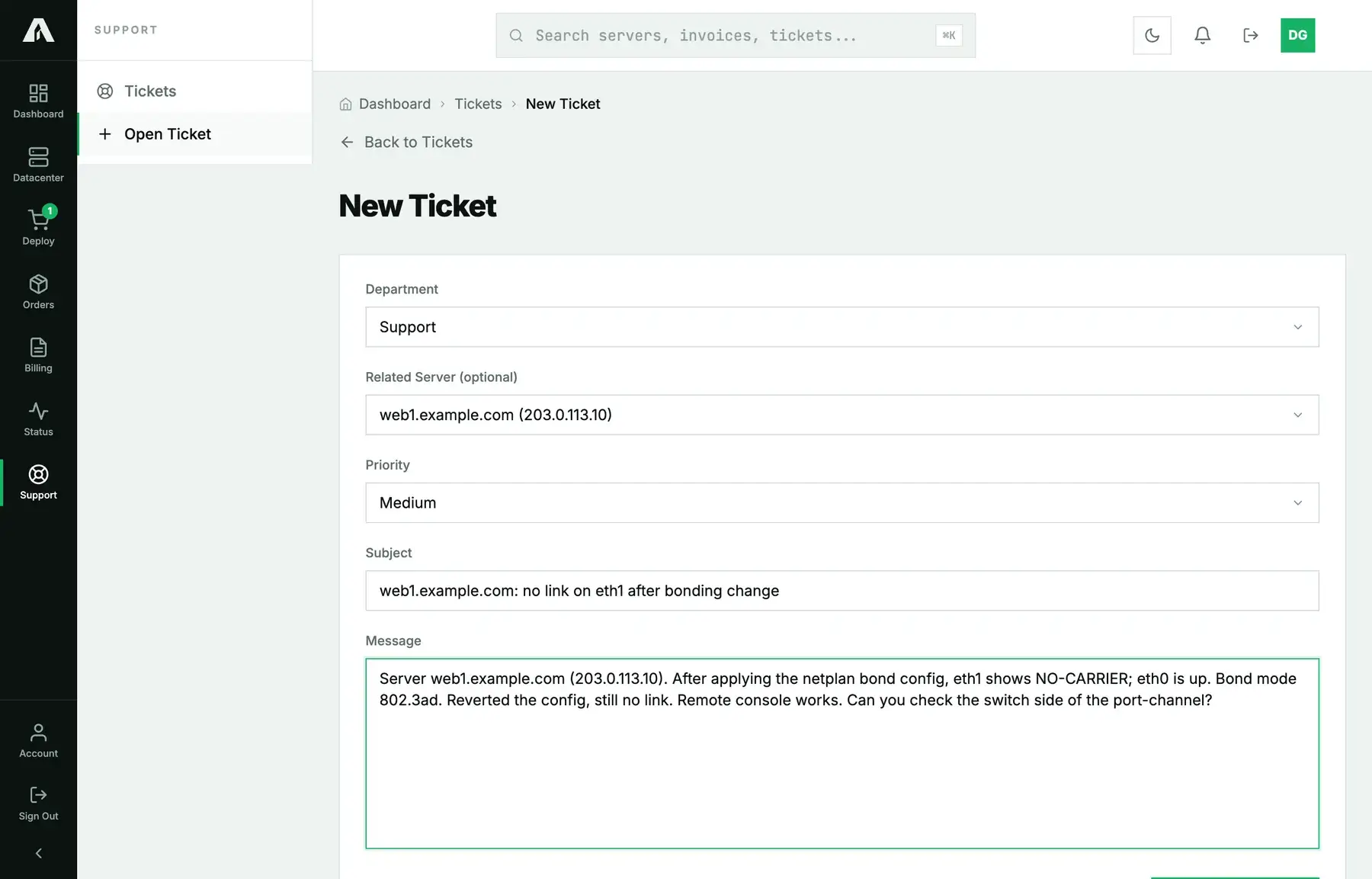 The New Ticket form in Amóni: department, related server, priority, subject and the message