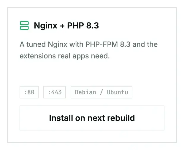 The Nginx + PHP 8.3 card in the App Library on a cloud instance's Apps tab, with its Debian / Ubuntu label and the Install on next rebuild button