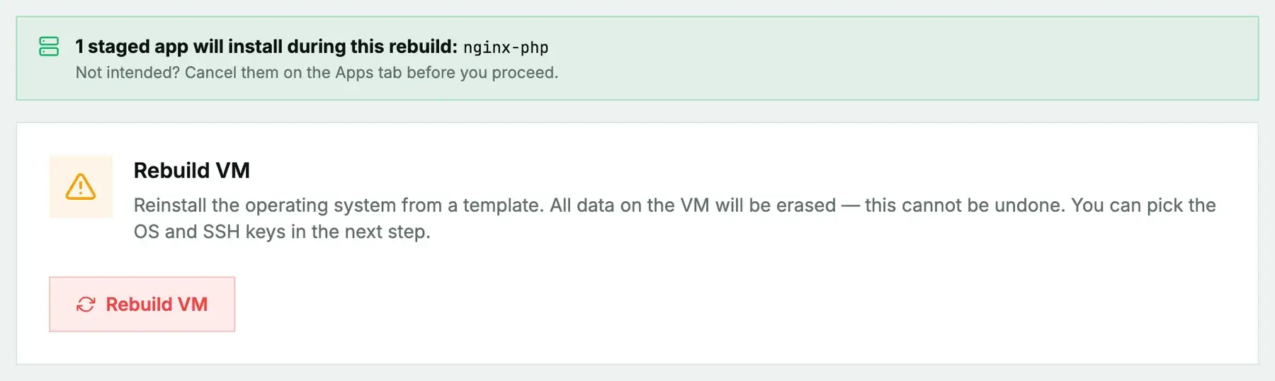 The Rebuild tab: a notice that 1 staged app will install during this rebuild (nginx-php), above the Rebuild VM card warning that all data on the VM will be erased