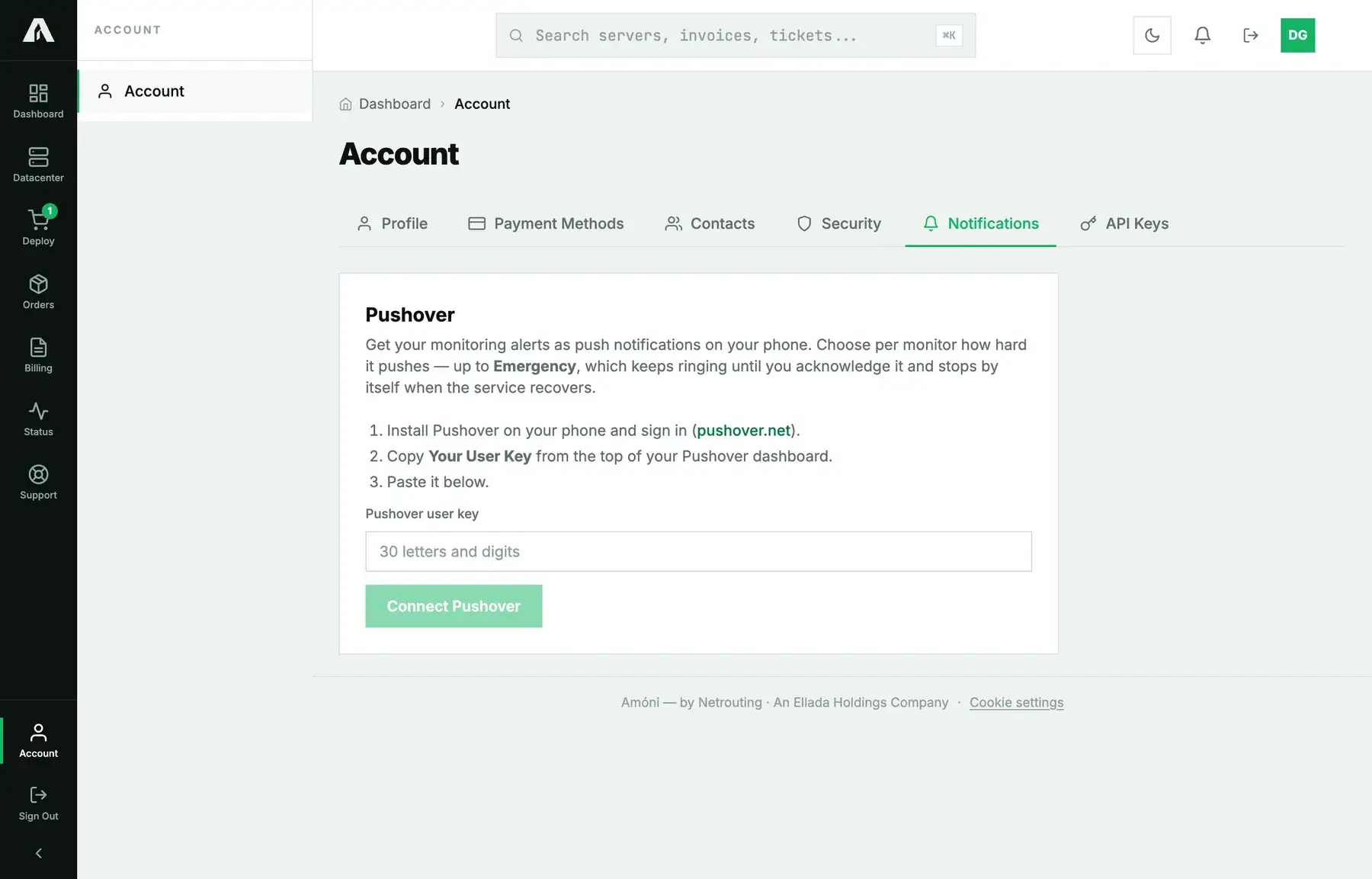 The Notifications tab under Account: connecting Pushover with a user key so monitor alerts arrive on the phone