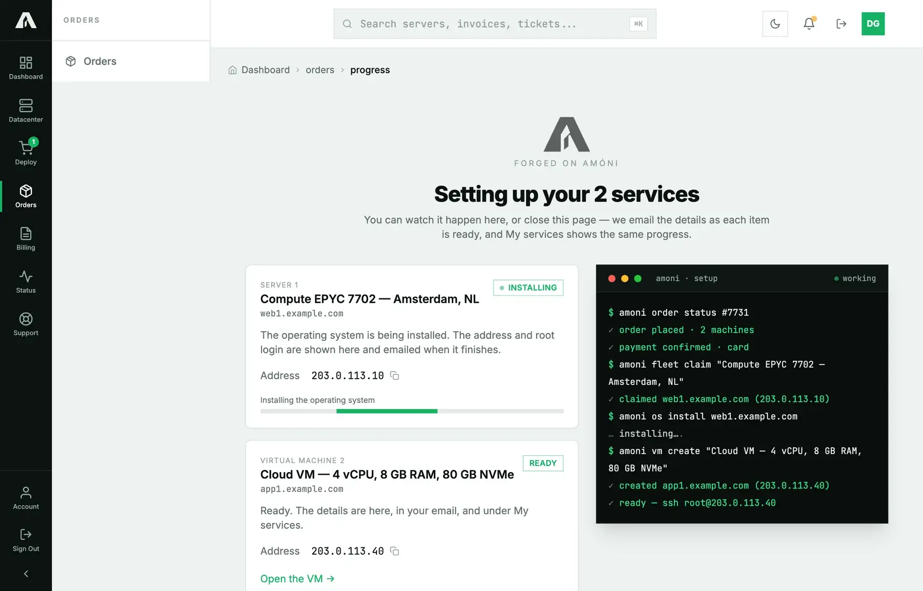 The setup page after payment: one server installing with its address shown, one cloud instance ready, and a terminal narrating the steps