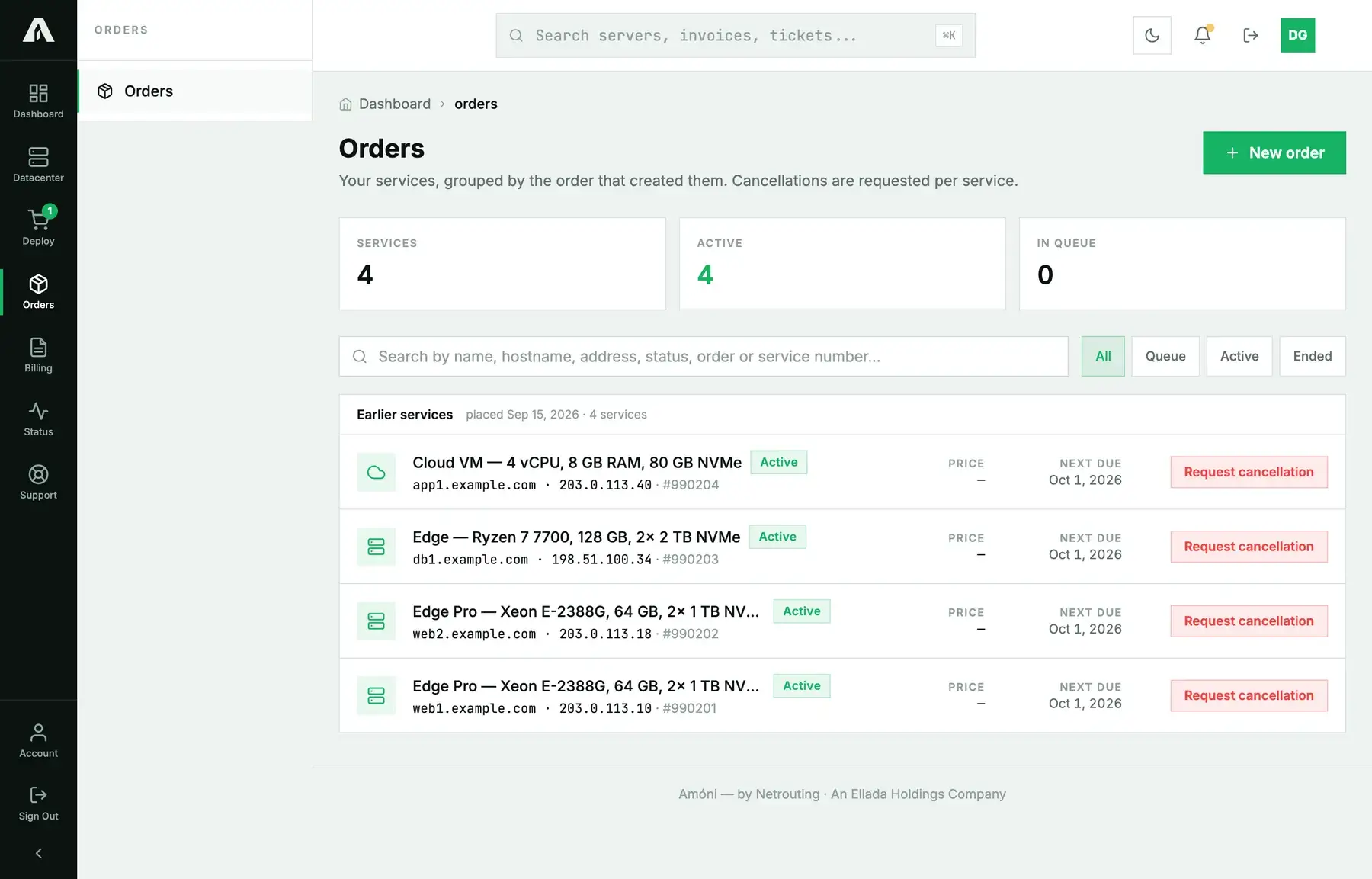 The Orders page listing the account's services with hostname, address, status, price and next due date