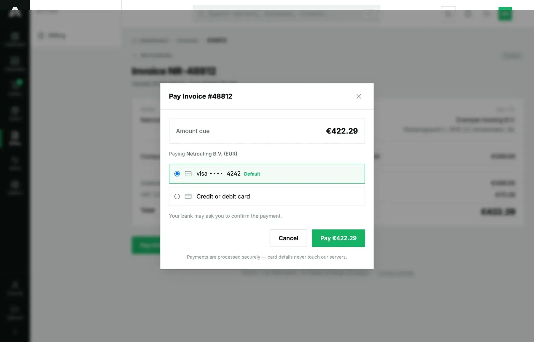The Pay Invoice dialog: the amount due, the saved Visa card selected as default, and the option to use a different card
