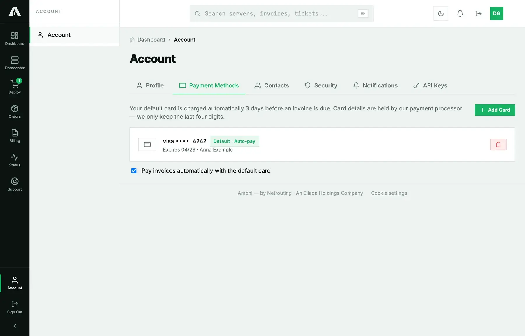 The Payment Methods tab: one saved Visa card marked Default and Auto-pay, and the switch to pay invoices automatically with the default card