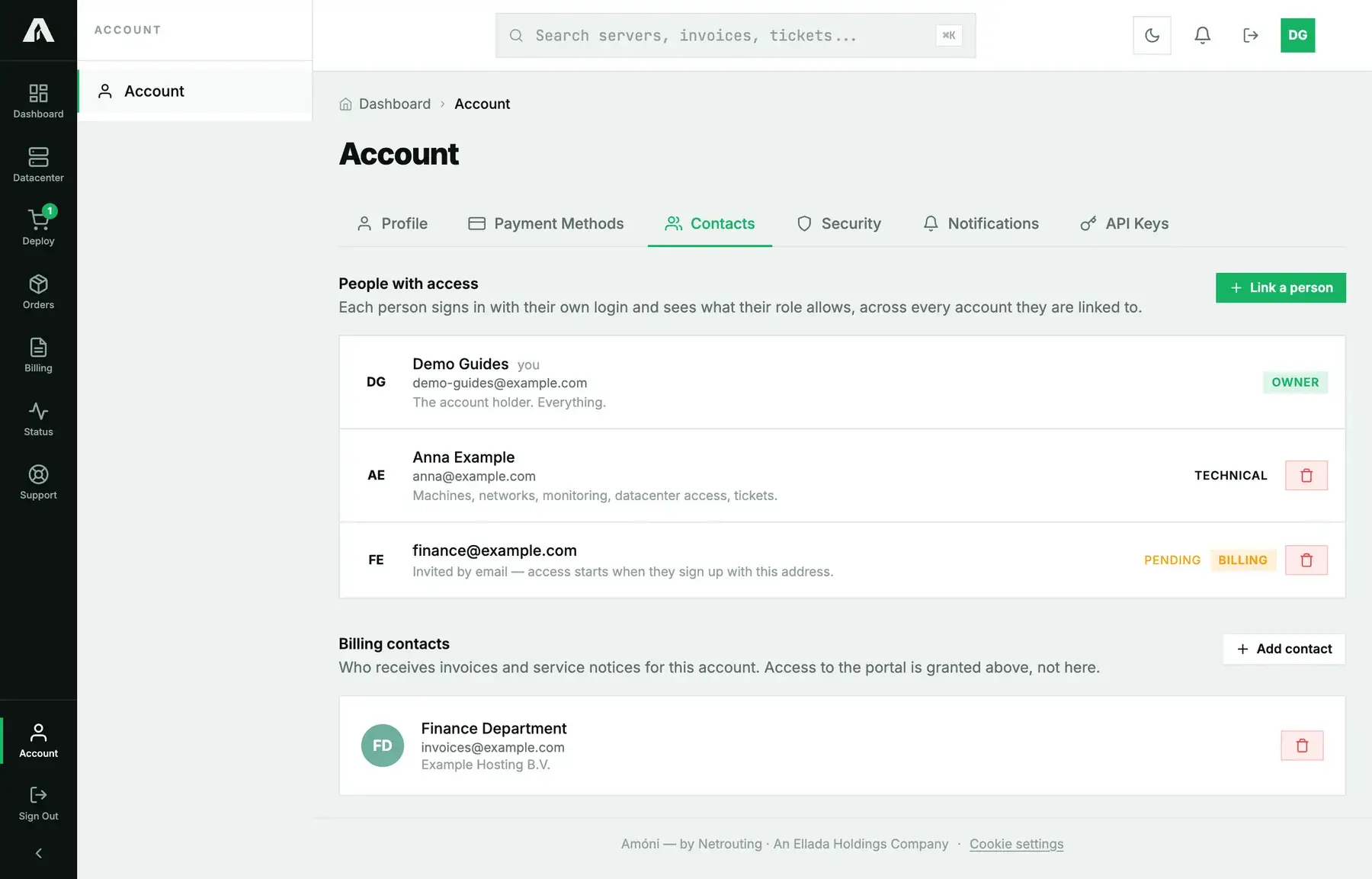 The Contacts tab in Amóni: three people with access with their roles (Owner, Technical, a pending Billing invitation) and one billing contact below
