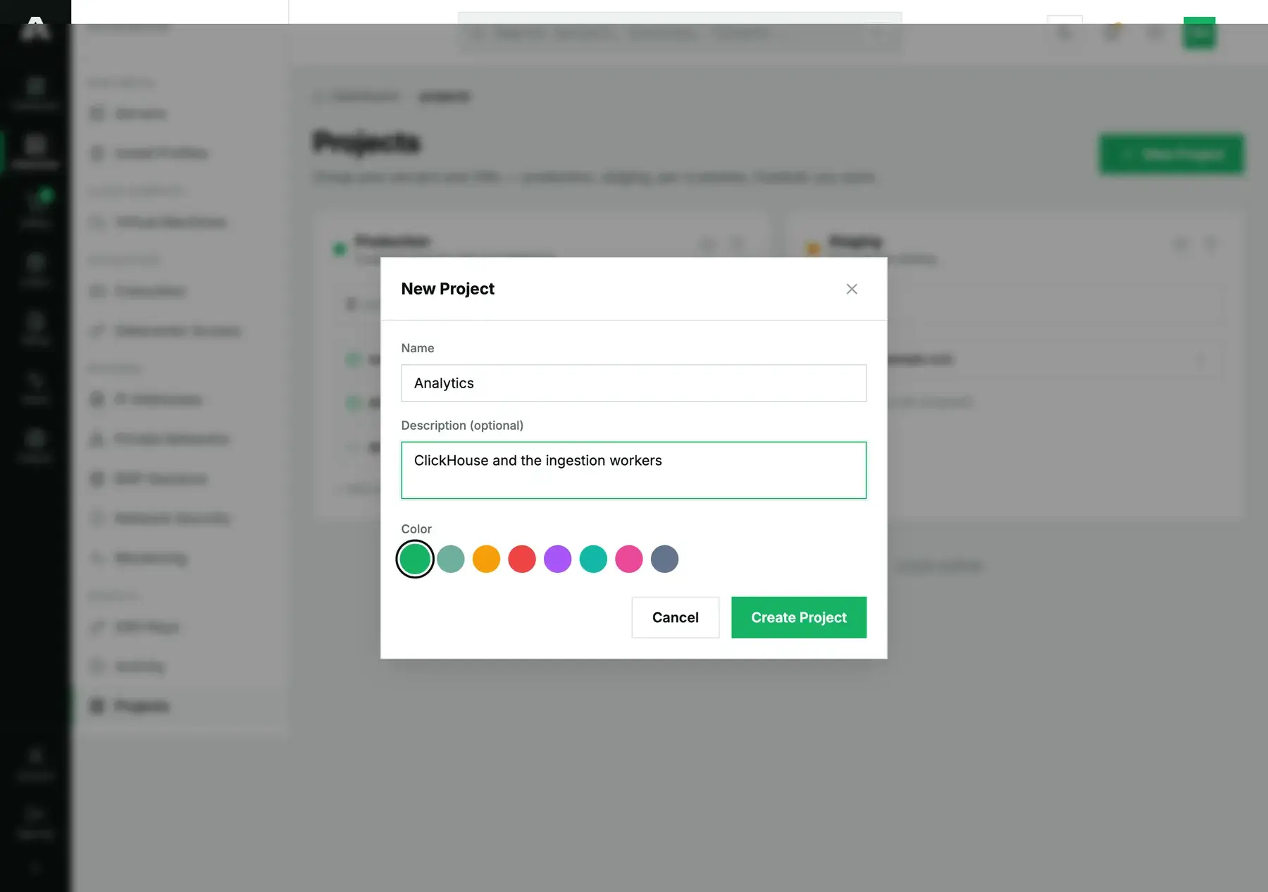 The New Project dialog: a name field, an optional description, and a row of color swatches