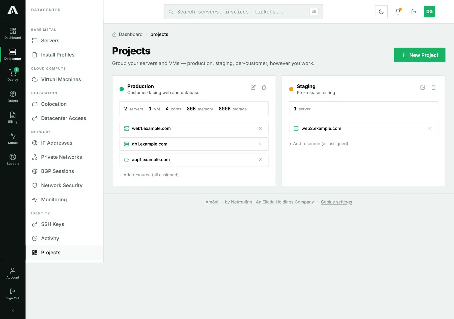 The Projects page in Amóni: a Production project with two servers and a VM totalling 4 cores, 8 GB memory and 80 GB storage, and a Staging project with one server