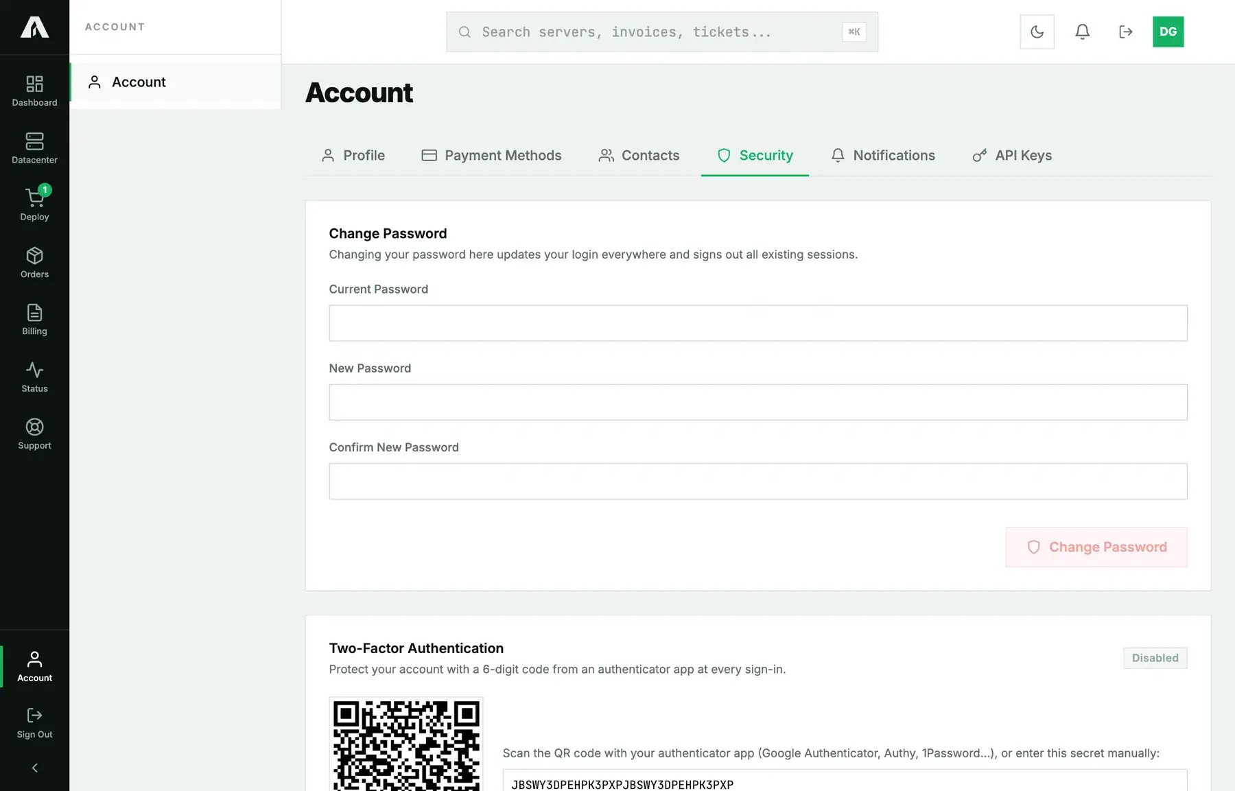 The two-factor setup step: a QR code to scan with an authenticator app, the secret in text form, and the field for the confirmation code