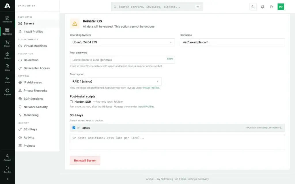 The Reinstall tab of a bare-metal server in the Amóni portal: Operating System and Hostname fields, an optional root password, a Disk Layout selector, a post-install script checkbox, a stored SSH key ticked, and the Reinstall Server button