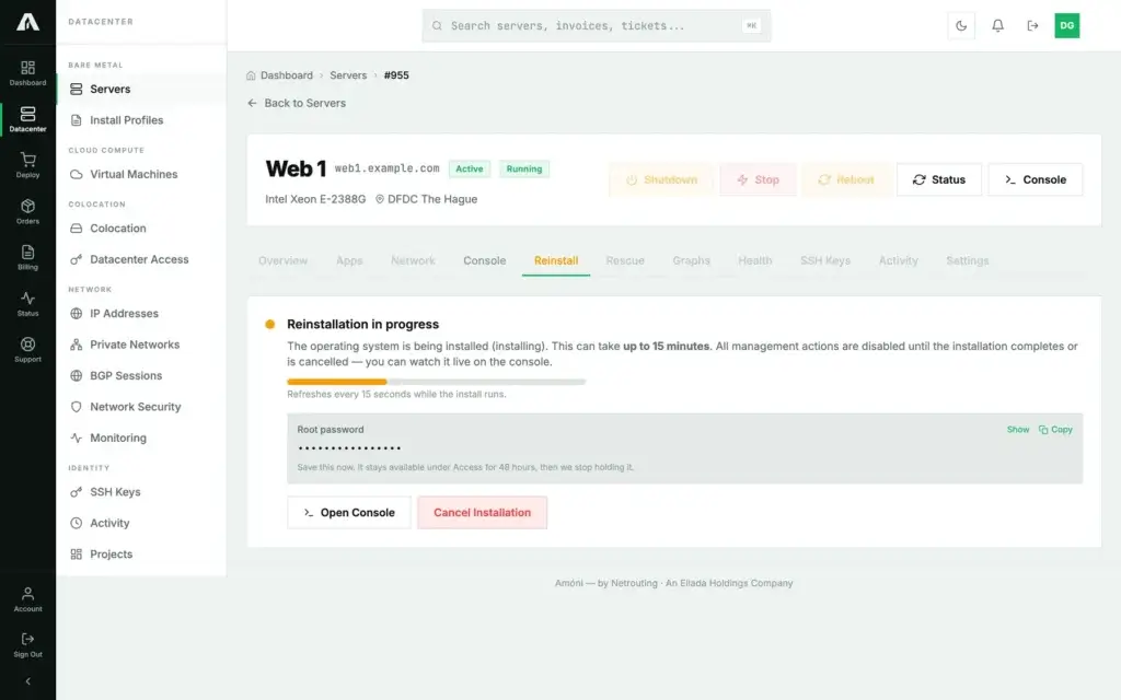 The server page right after starting a reinstall: a Reinstallation in progress card with a progress bar, the generated root password behind Show and Copy controls, and Open Console and Cancel Installation buttons