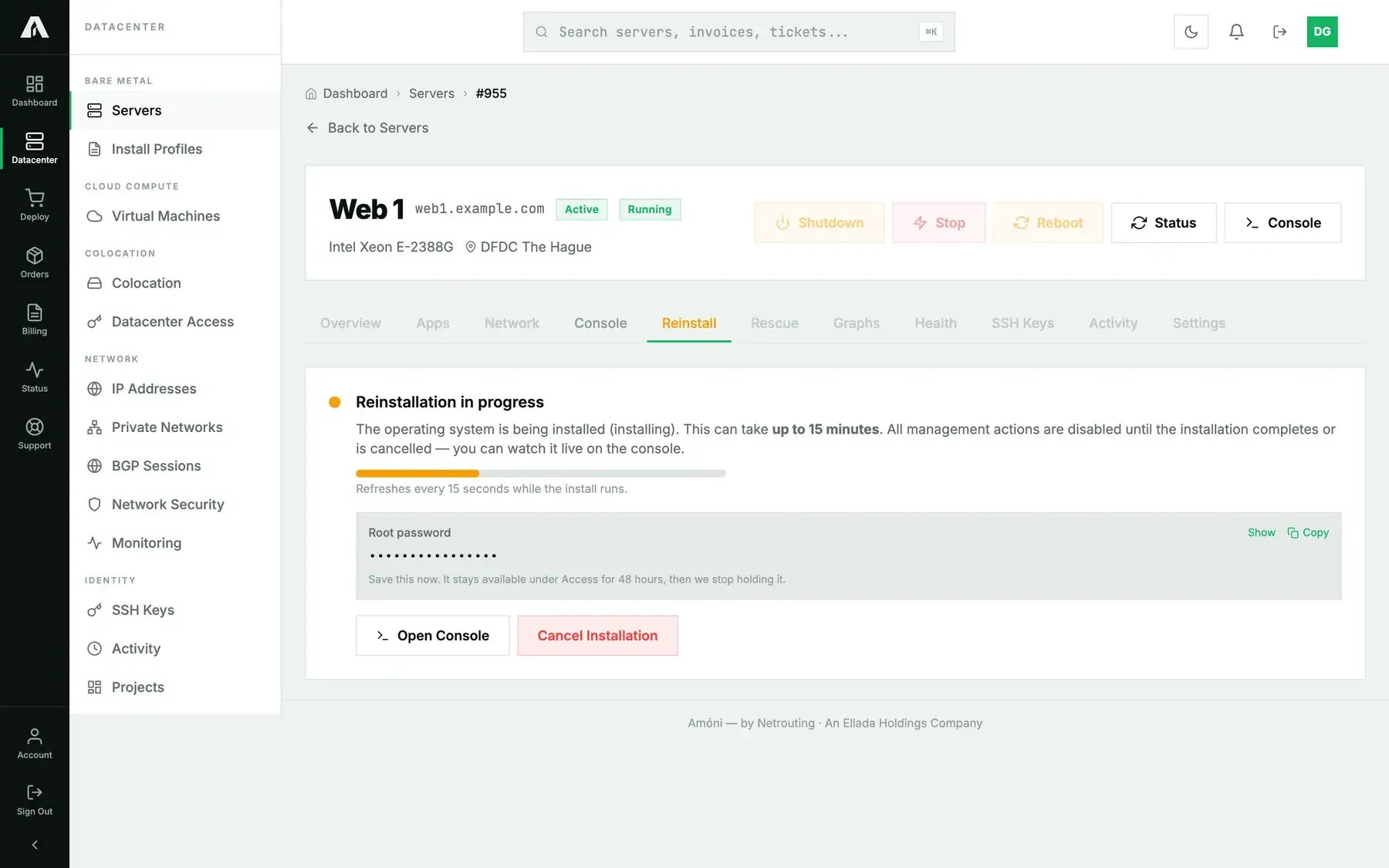 The server page right after starting a reinstall: a Reinstallation in progress card with a progress bar, the generated root password behind Show and Copy controls, and Open Console and Cancel Installation buttons