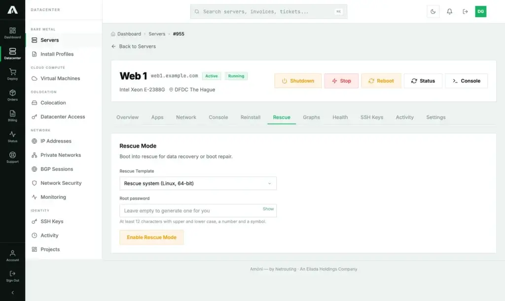 The Rescue tab of a bare-metal server in the Amóni portal: a Rescue Template selector, an optional root password field, and the Enable Rescue Mode button