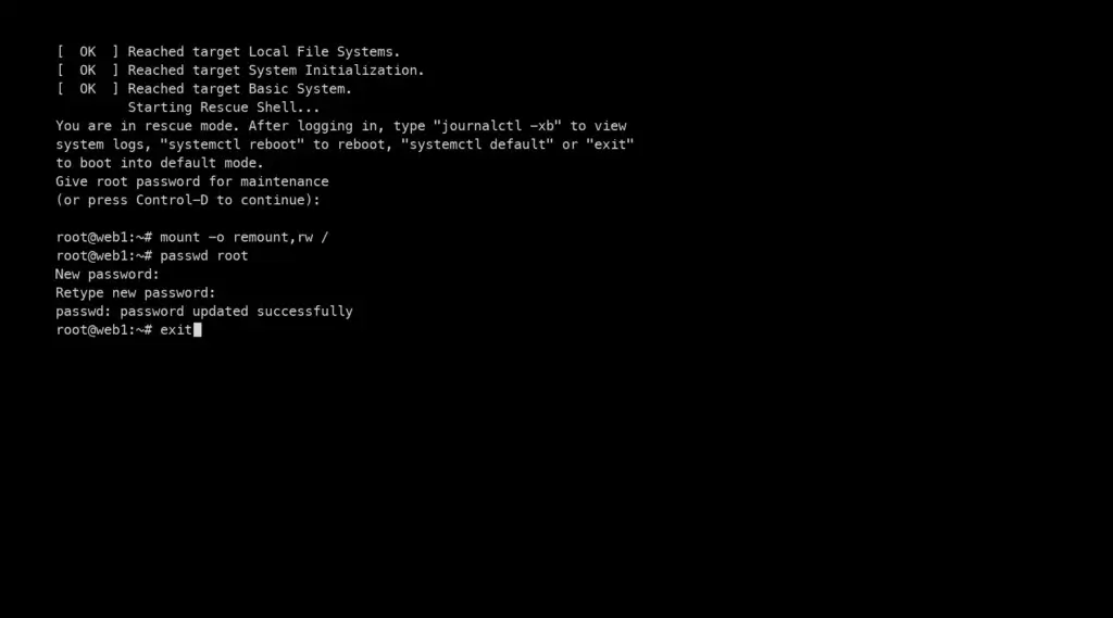 A server console showing the systemd rescue mode prompt asking for the root password for maintenance, followed by a root shell