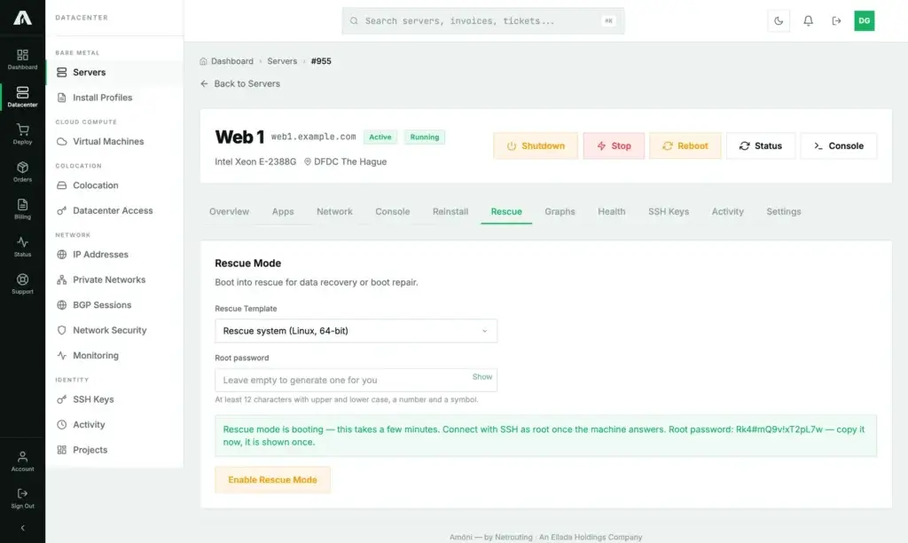 The Rescue tab after clicking Enable Rescue Mode: a green confirmation that rescue mode is booting, with the generated root password shown once