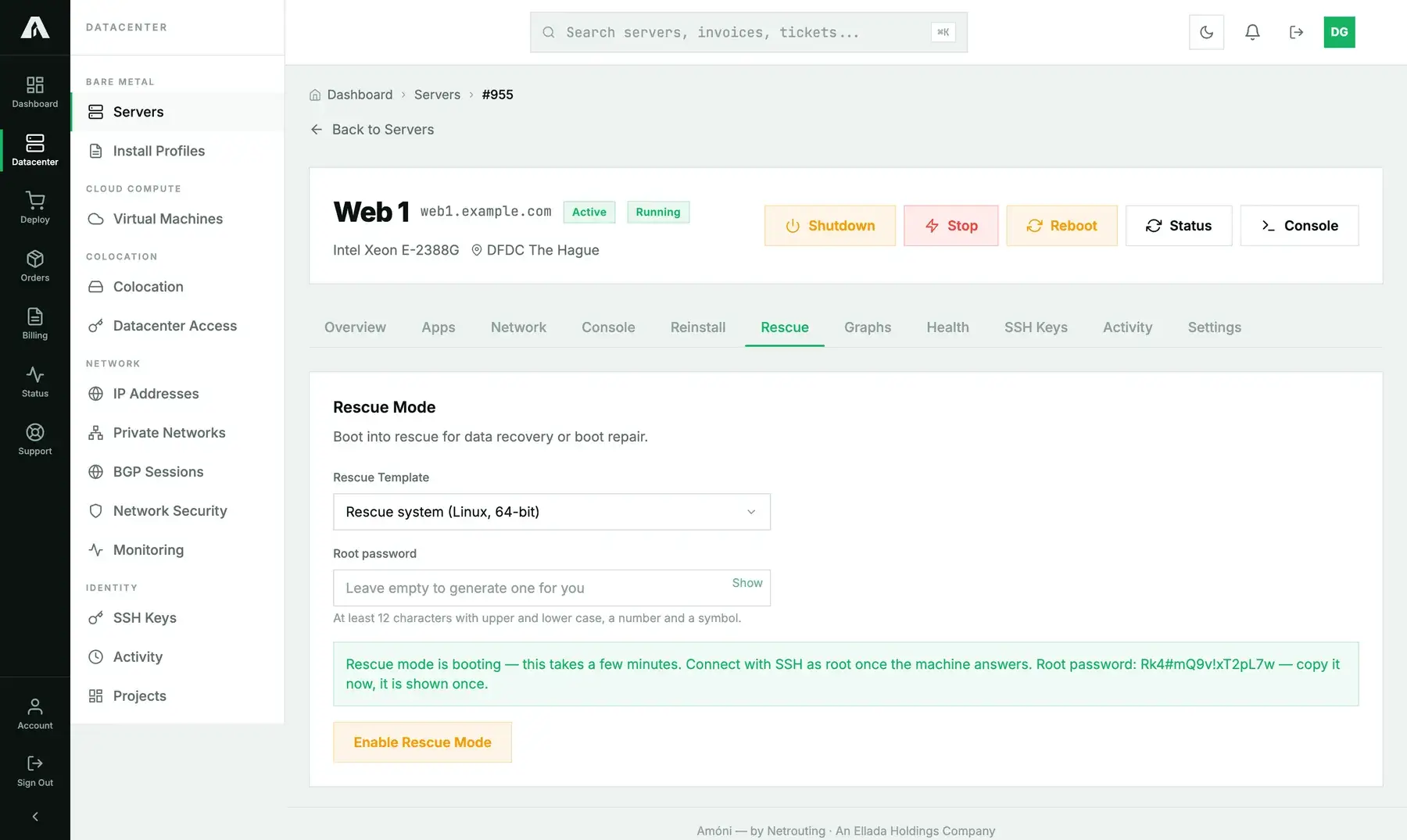 The Rescue tab after clicking Enable Rescue Mode: a green confirmation that rescue mode is booting, with the generated root password shown once