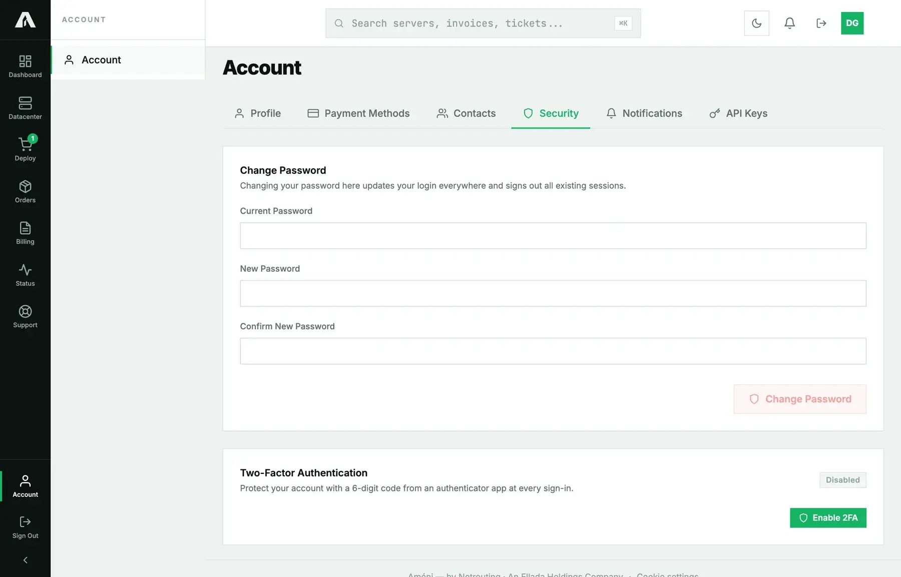 The Security tab of the Account page in Amóni, with the Two-Factor Authentication box showing Disabled and an Enable 2FA button