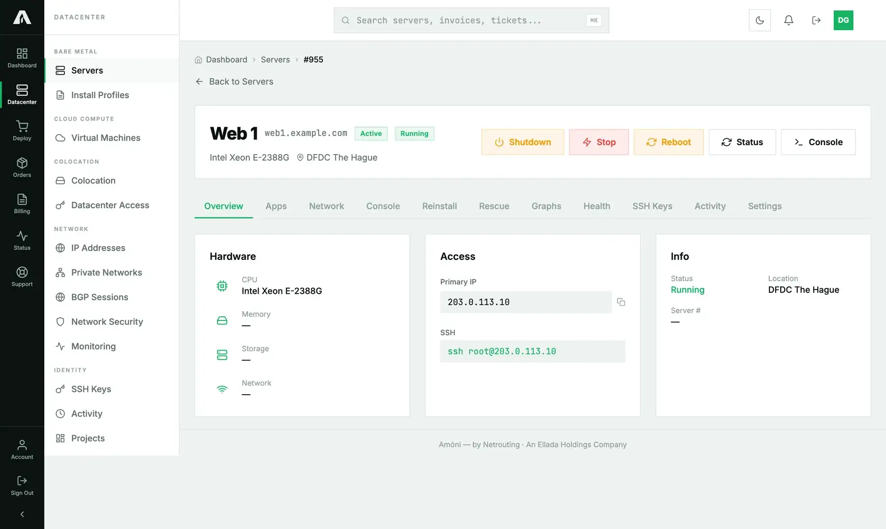 A bare-metal server page in the Amóni portal: the Running badge next to the hostname, and the Shutdown, Stop, Reboot, Status and Console buttons at the top right