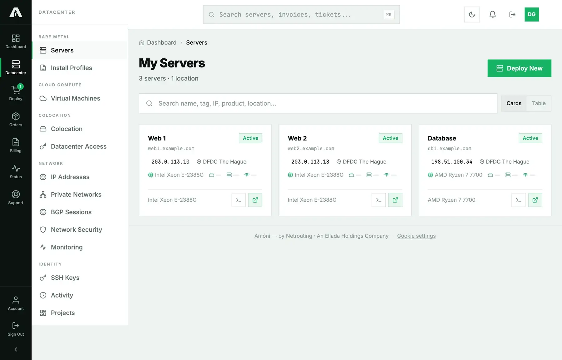 The Servers page: the Datacenter sidebar with its Bare Metal, Cloud Compute, Colocation, Network and Identity groups, and server cards with address, location and CPU