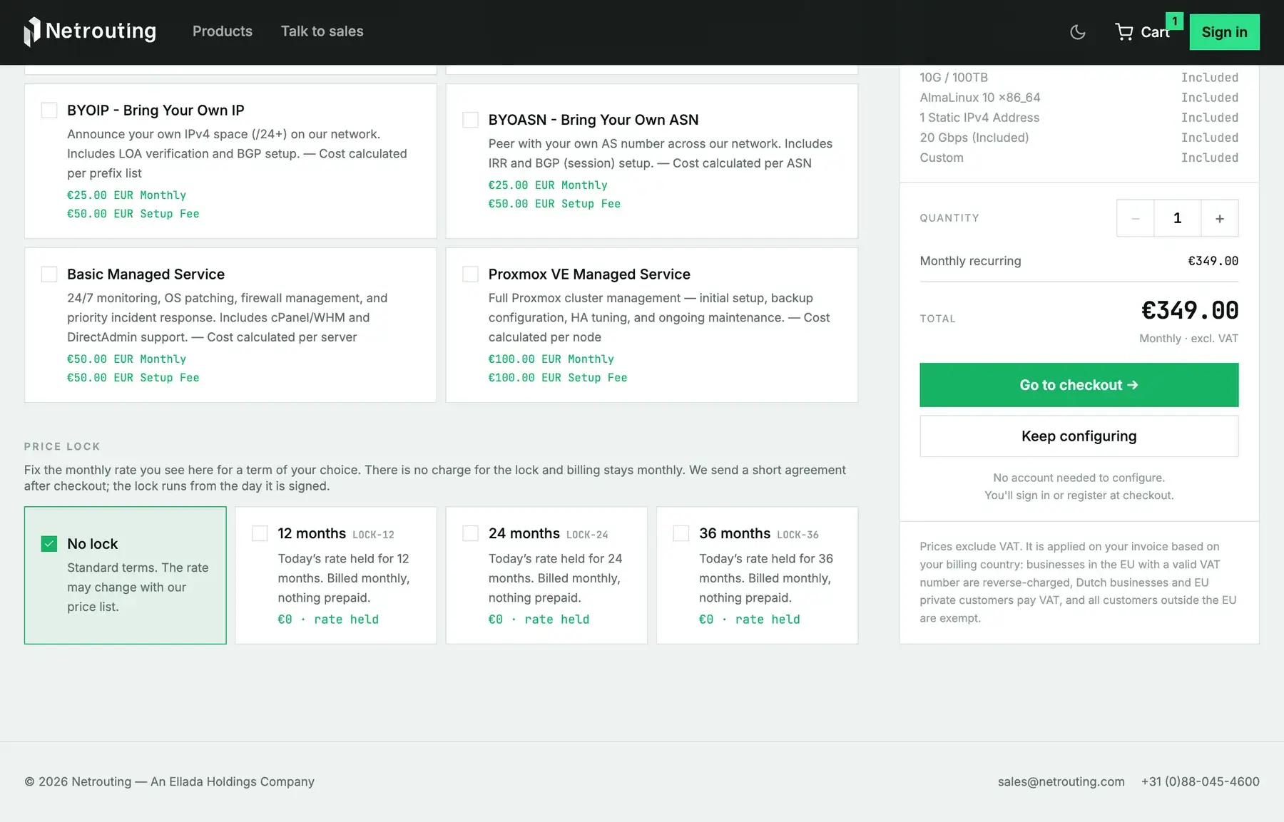 Lower on the product page: the addon tiles for IPv6, private network, BYOIP, BYOASN and managed services, the price-lock terms, and the cart badge showing one item