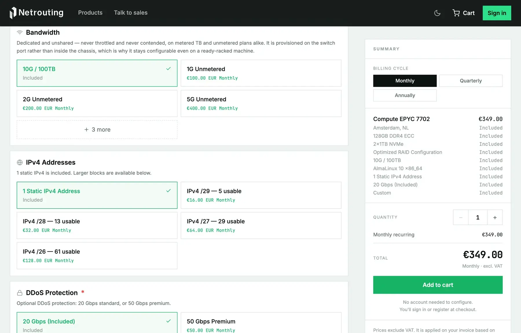 The Network section of a product page in the shop, with the IPv4 Addresses option listing the included address and the /29 to /26 blocks with their usable counts