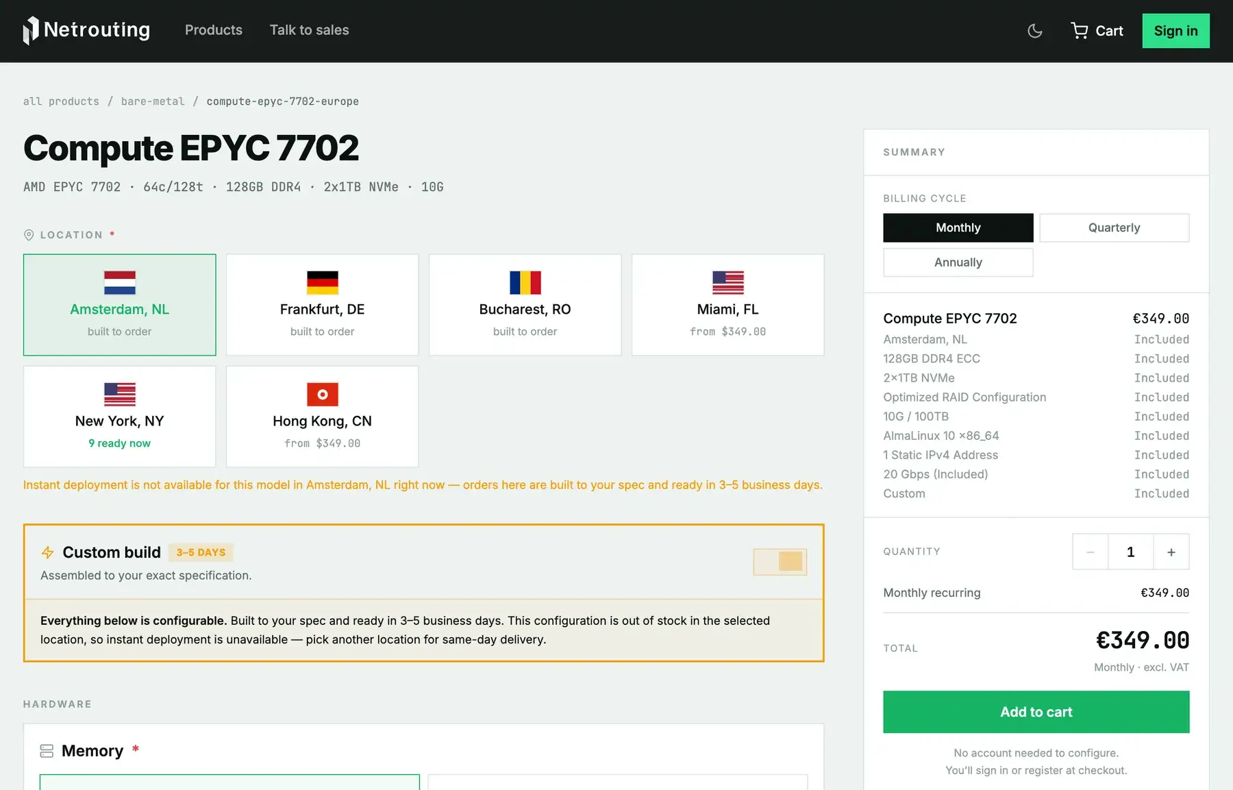 A bare-metal product page in the shop: location flags, billing cycle, the deployment-type note and the running summary on the right