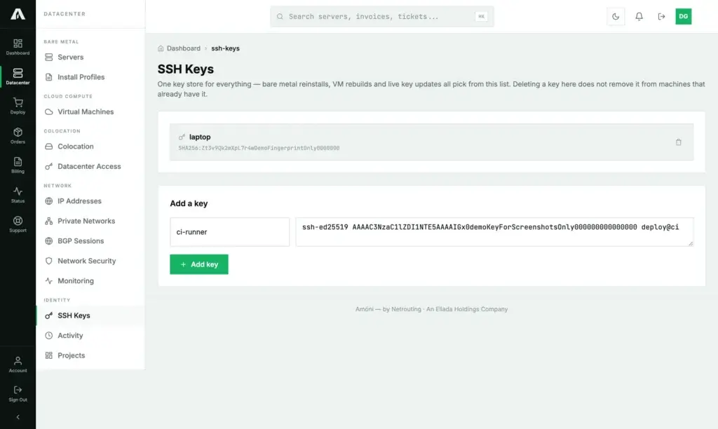 The SSH Keys page in the Amóni portal: one stored key named laptop with its SHA256 fingerprint, and an Add a key form with a name field and a public key field filled in