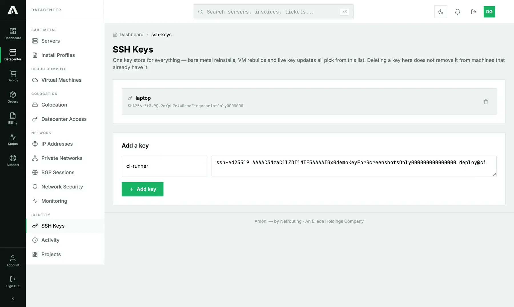 The SSH Keys page in the Amóni portal: one stored key named laptop with its SHA256 fingerprint, and an Add a key form with a name field and a public key field filled in