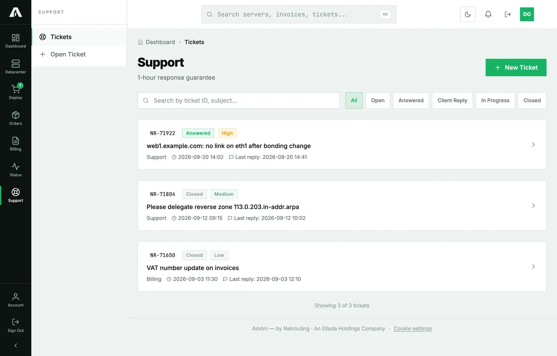 The Support page listing tickets with status, priority, department and last reply, and filters for open, answered and closed