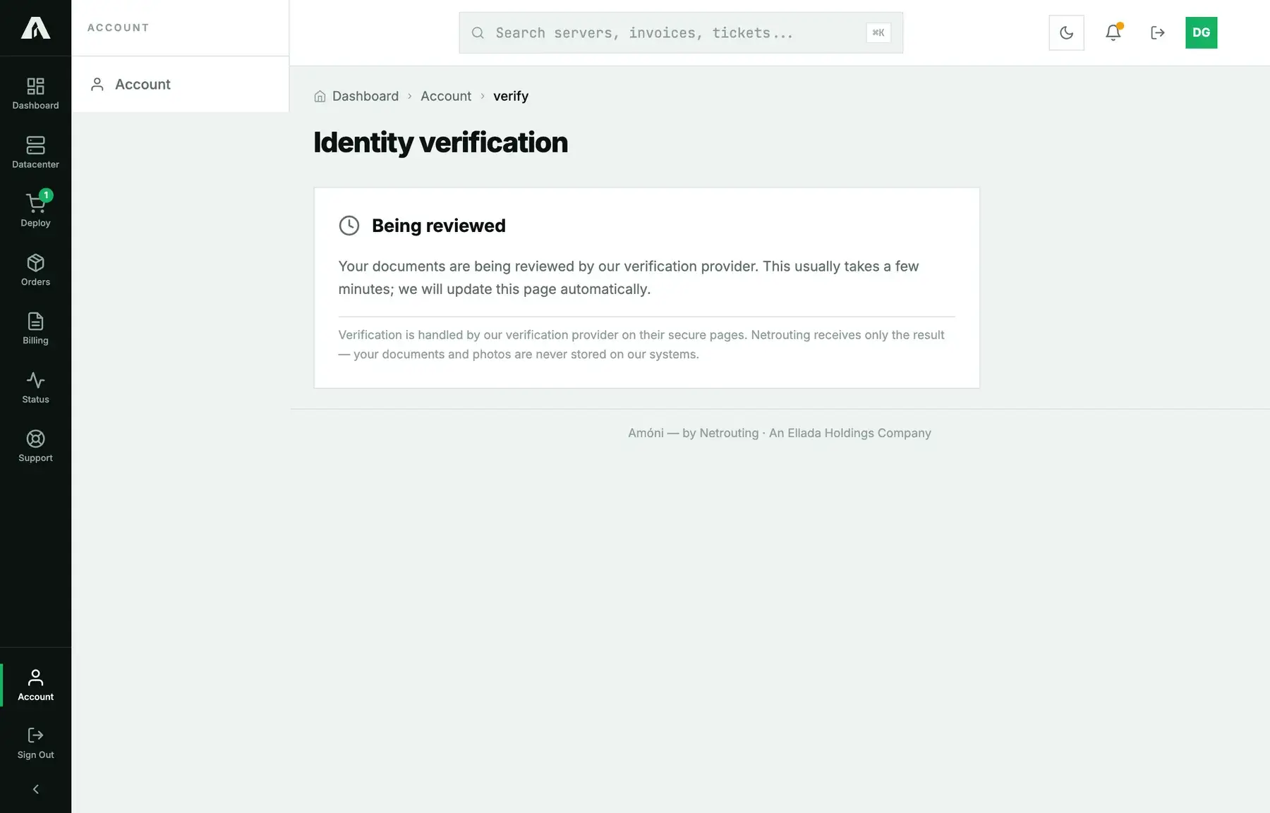 The Verification page while the provider reviews the documents: Being reviewed, with a note that the page updates itself