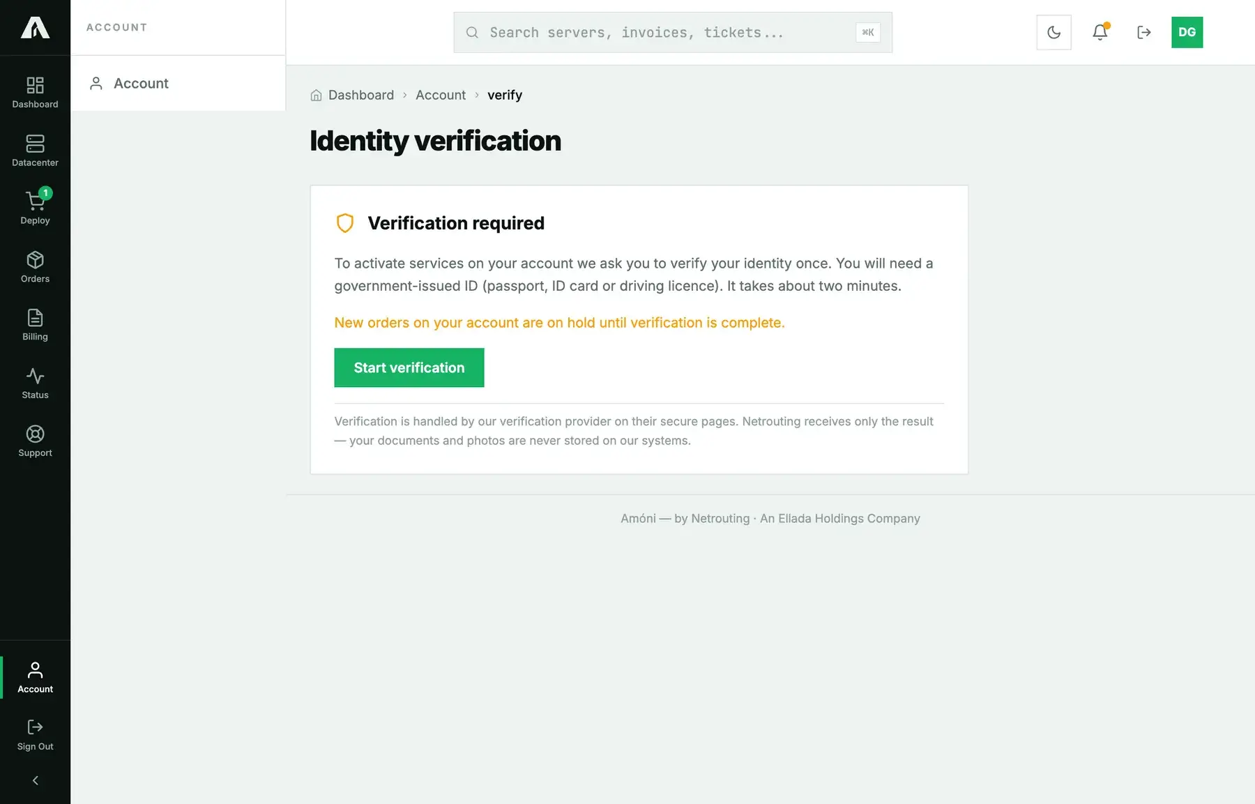 The Verification page in Amóni before starting: what is needed and a Start verification button