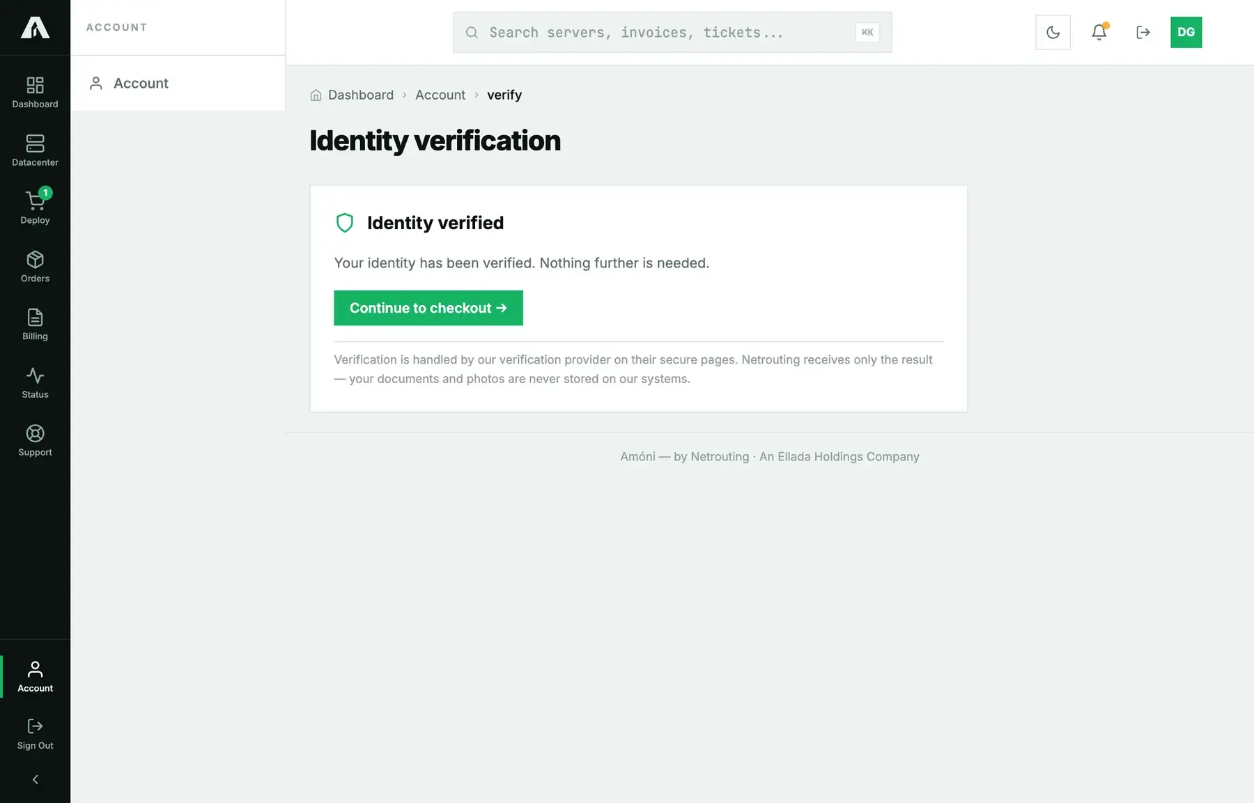 The Verification page after a successful check: Identity verified, nothing further needed, and a link back to checkout