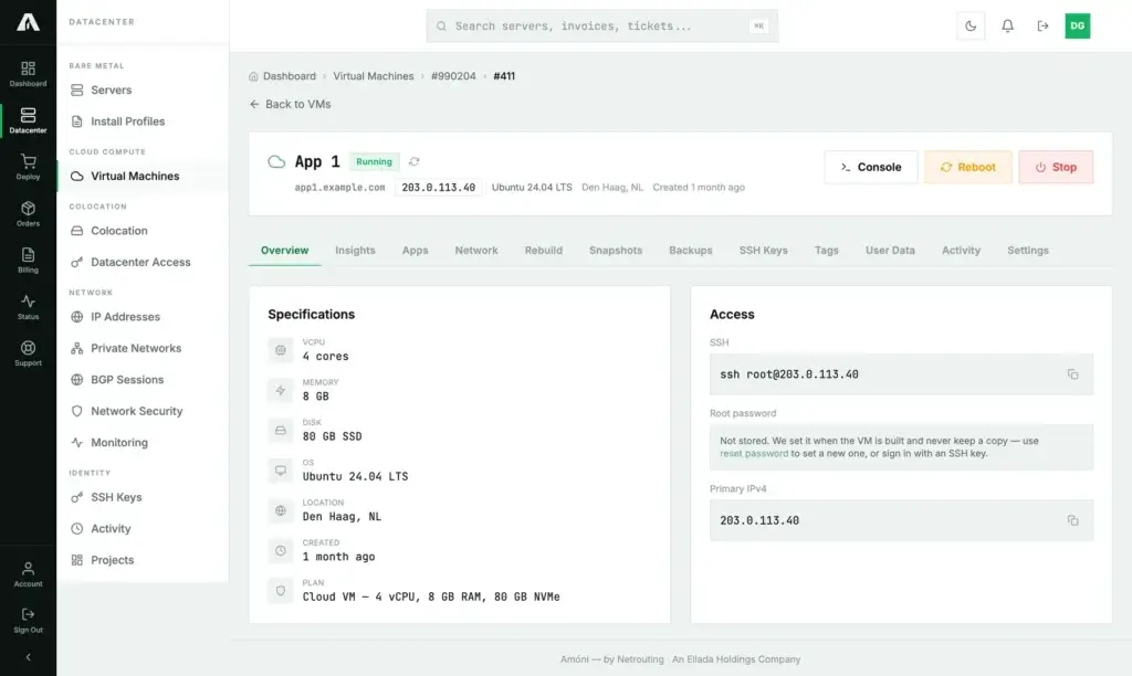 The Access card on a cloud instance's Overview tab in the Amóni portal: the SSH command, a note that the root password is not stored, and a reset password link