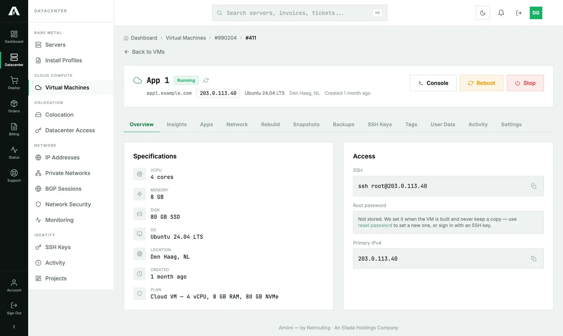 The Access card on a cloud instance's Overview tab in the Amóni portal: the SSH command, a note that the root password is not stored, and a reset password link