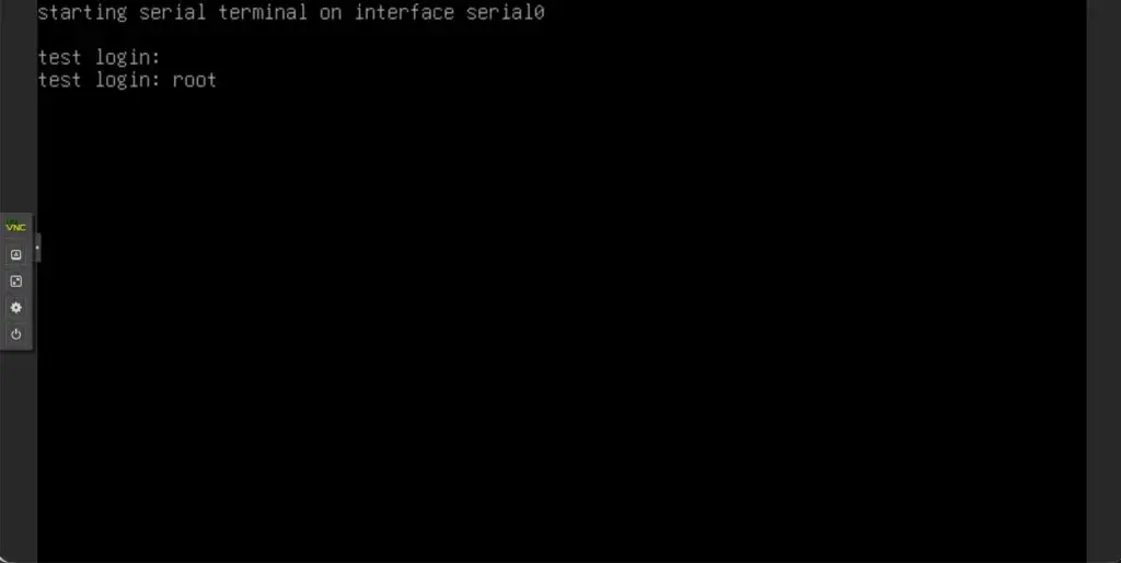 A cloud instance's console in Amóni: a black terminal showing the serial console starting and a login prompt, with the console toolbar on the left