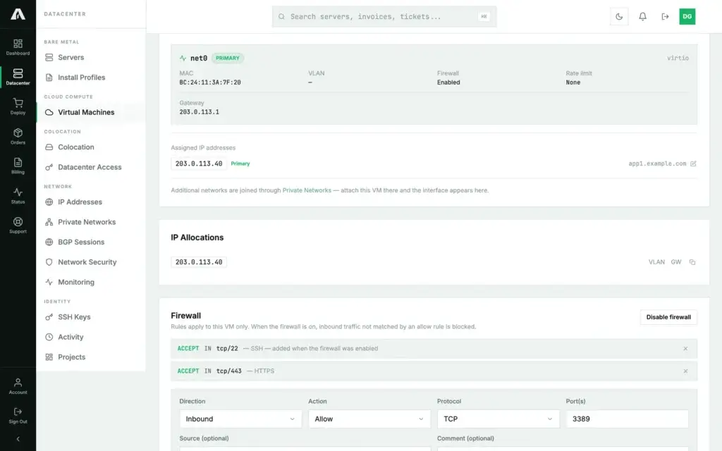 The Firewall section on a cloud instance's Network tab in the Amóni portal: the firewall enabled, existing allow rules for SSH and HTTPS, and a new rule being added that allows inbound TCP 3389 from one source network only