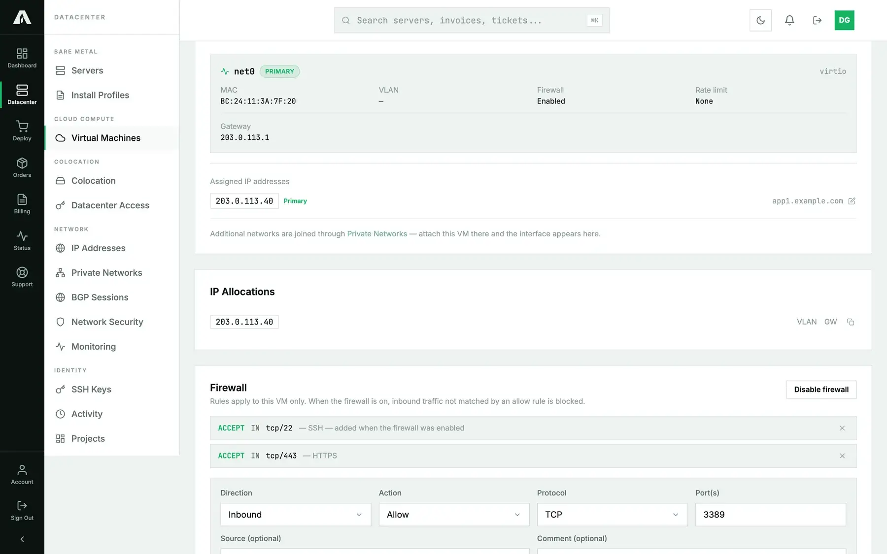 The Firewall section on a cloud instance's Network tab in the Amóni portal: the firewall enabled, existing allow rules for SSH and HTTPS, and a new rule being added that allows inbound TCP 3389 from one source network only