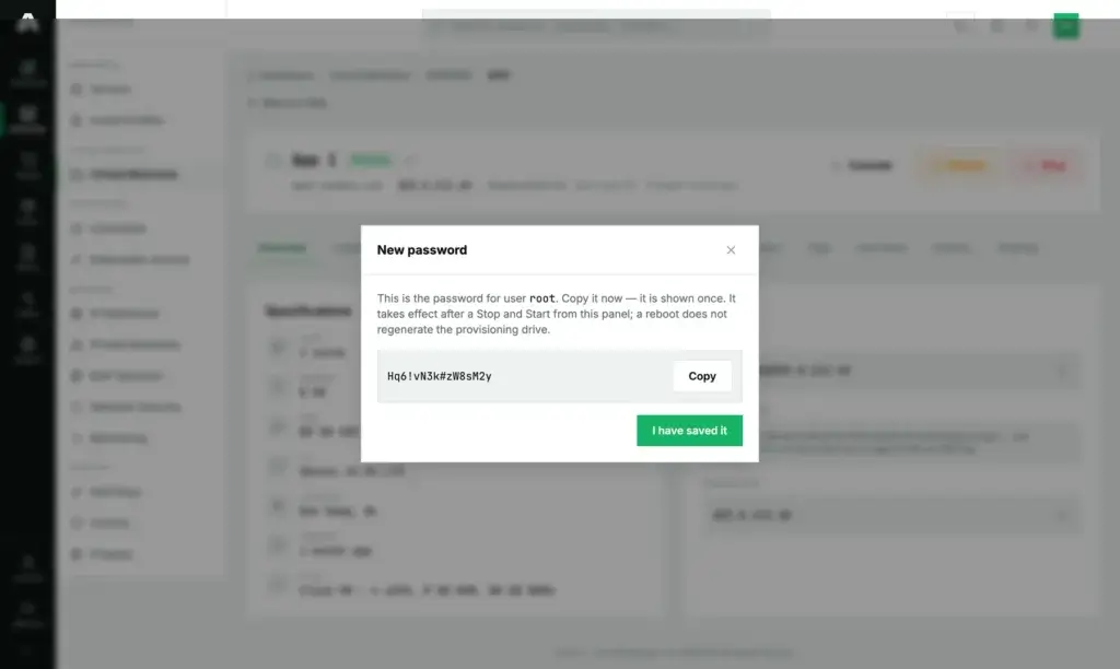 The New password dialog in the Amóni portal showing the generated password for user root with a Copy button and an I have saved it button