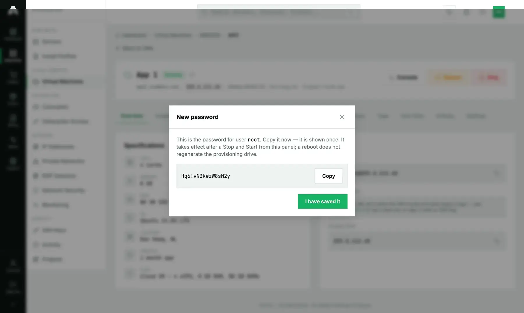 The New password dialog in the Amóni portal showing the generated password for user root with a Copy button and an I have saved it button